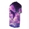 Purple dolphins leap through a vibrant galaxy with a large pink moon and starry sky, all over print apparel.