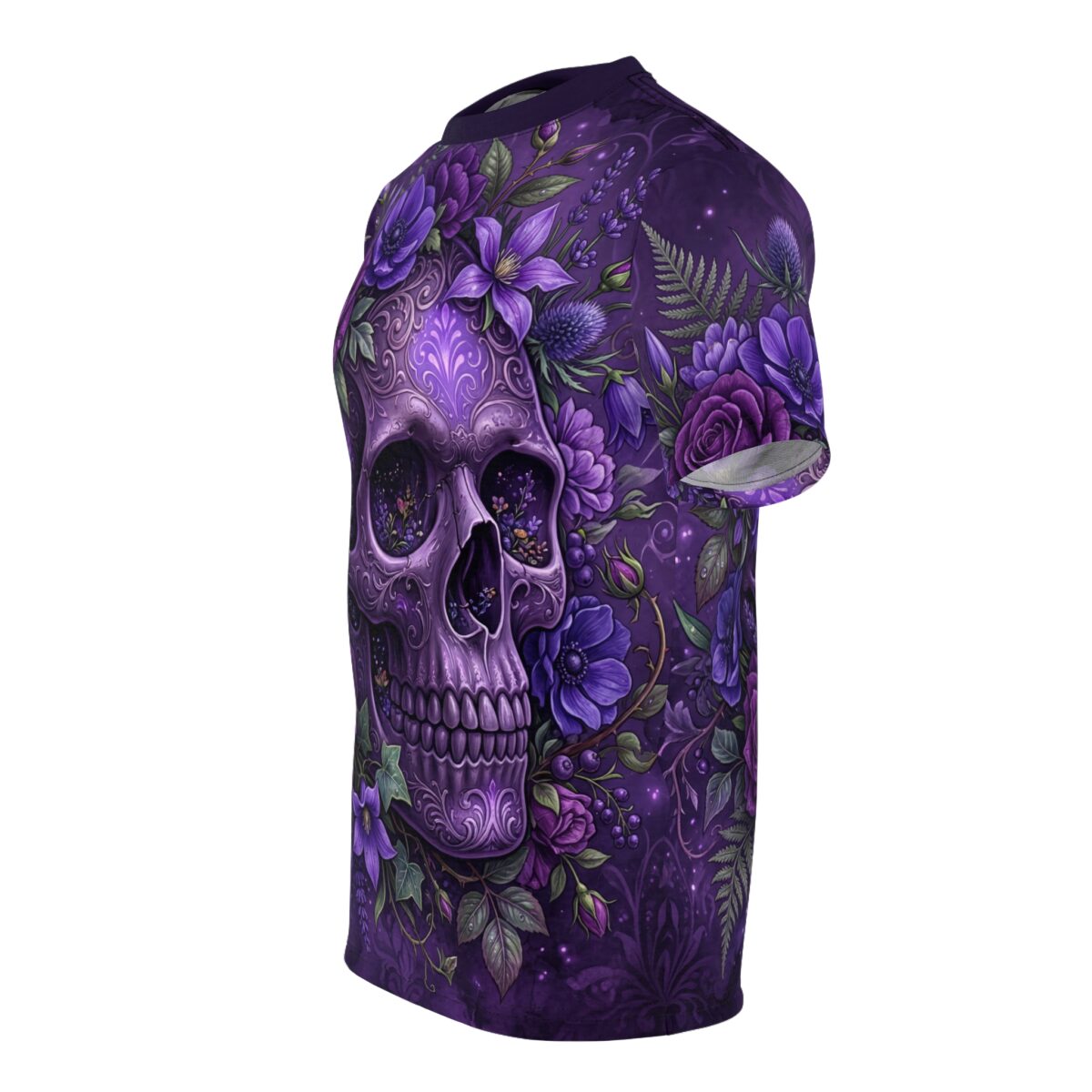 Ornate purple skull surrounded by deep violet and lavender floral blooms, ferns, and berries on this all over print t-shirt.