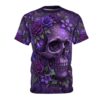 Purple roses and intricate skulls cover every inch of this garment in a seamless pattern, providing a bold gothic look across the entire fabric surface.