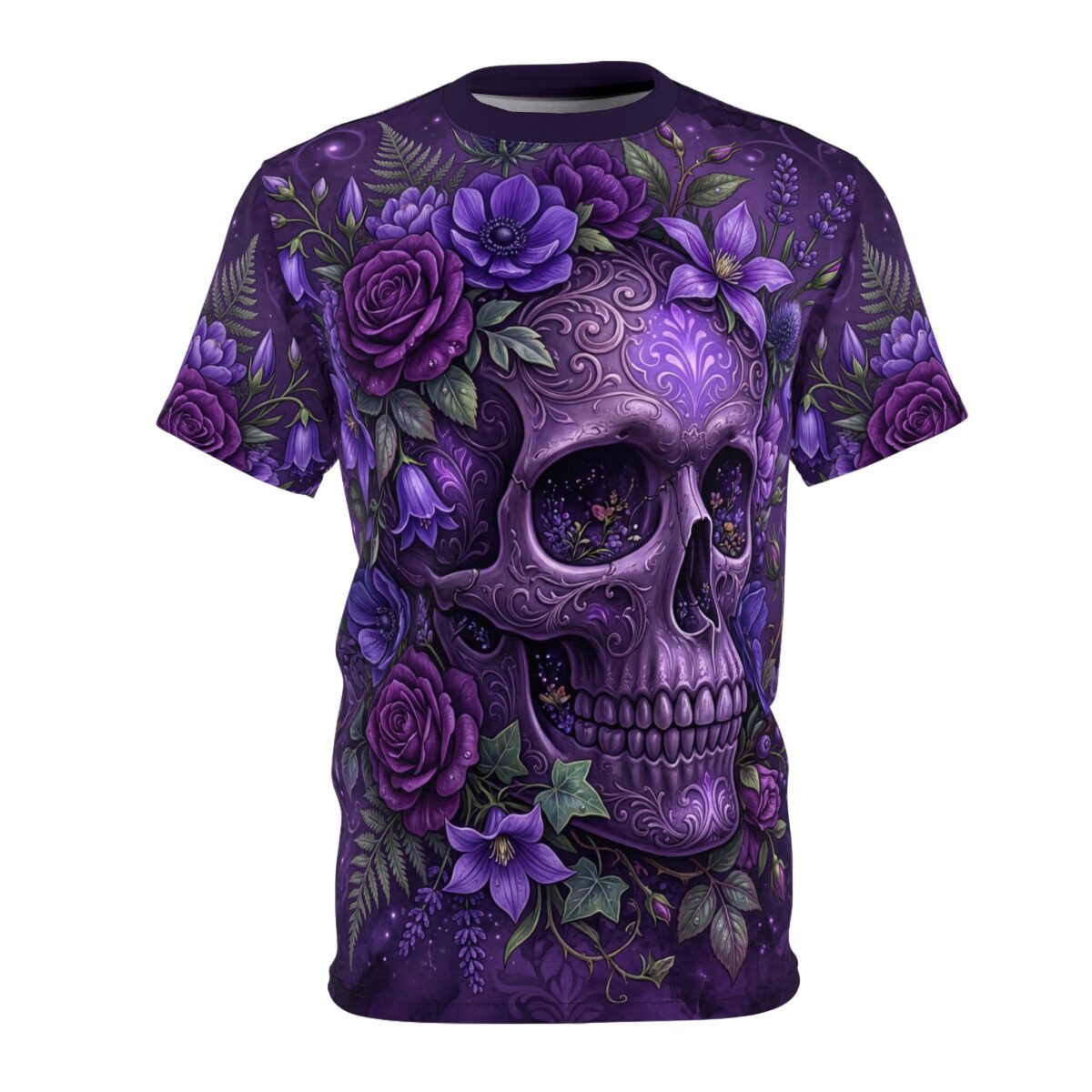 Purple roses and intricate skulls cover every inch of this garment in a seamless pattern, providing a bold gothic look across the entire fabric surface.