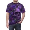 Vivid purple skulls and blooming roses adorn this shirt in a detailed 360-degree graphic that wraps the entire fabric surface in deep gothic imagery.