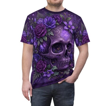 Vibrant purple floral skull art adorns this tee with a 360 wrap-around design, offering a unique graphic apparel and vibrant seamless print.