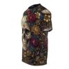 Intricate sugar skulls and vibrant floral motifs create a seamless pattern that covers every inch of this Day of the Dead graphic tee from sleeve to hem.