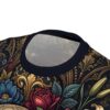 Intricate gold filigree and vibrant floral patterns wrap across this shirt in a seamless pattern, displaying sugar skull imagery over the entire garment surface.