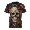 Ornate skull with intricate floral patterns in red, blue, and gold covers this all over print t-shirt.