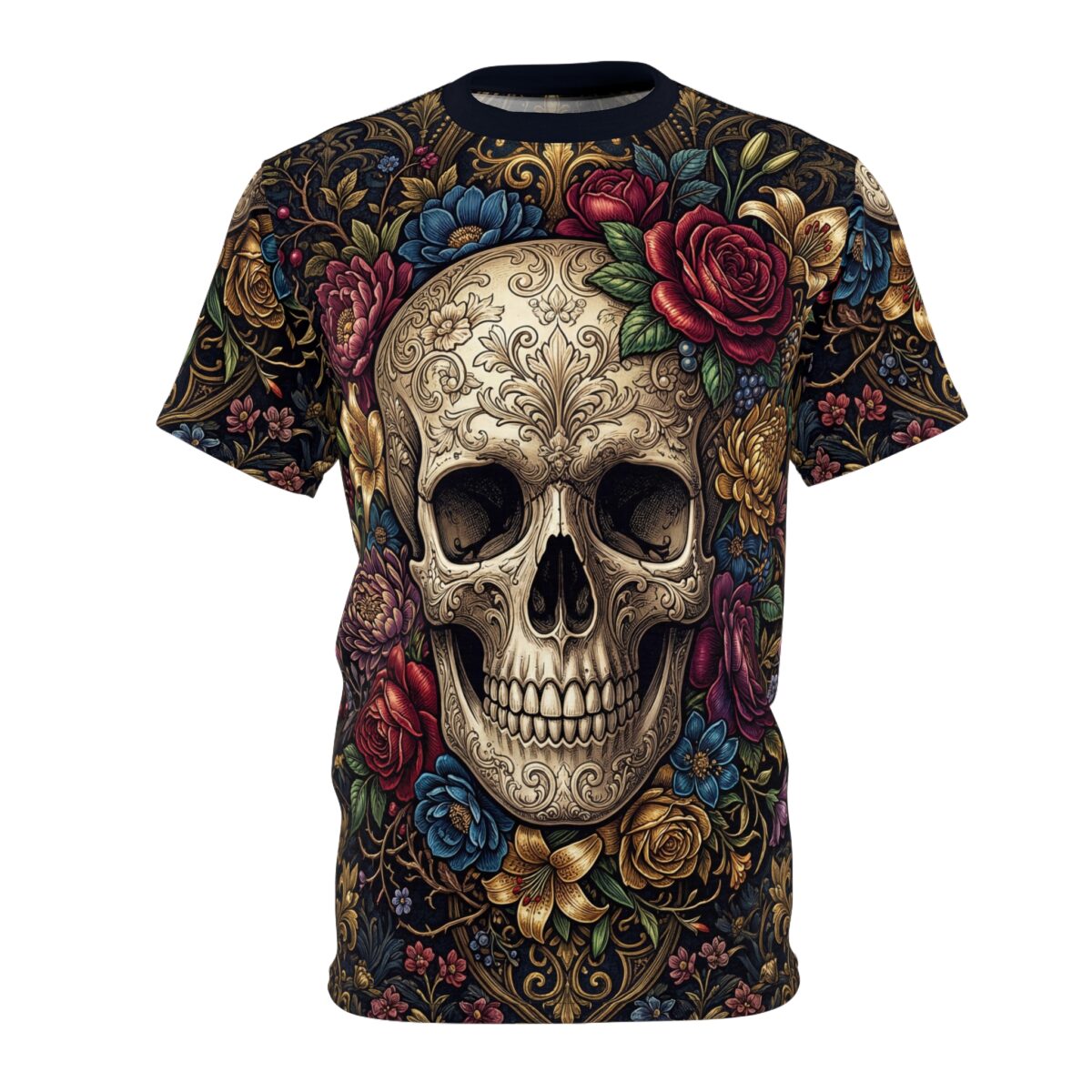 Ornate skull with intricate floral patterns in red, blue, and gold covers this all over print t-shirt.