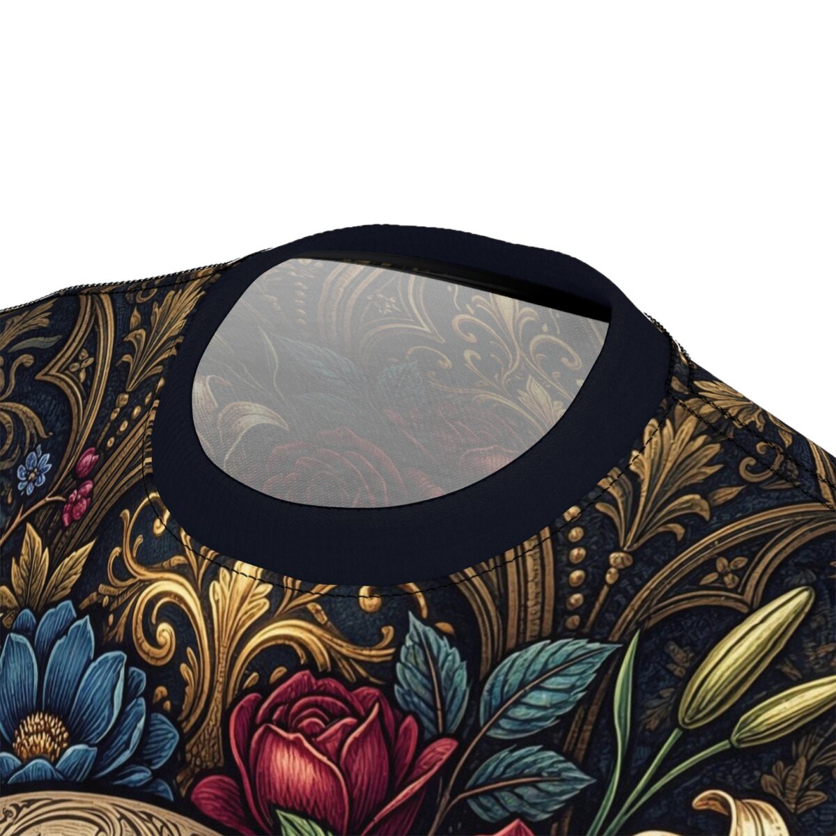 Intricate gold filigree and vibrant floral patterns wrap across this shirt in a seamless pattern, displaying sugar skull imagery over the entire garment surface.