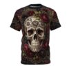 Intricate sugar skull and gothic floral motifs wrap around this garment in a 360-degree graphic, ensuring the design covers every inch of the fabric surface.