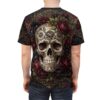 Intricate sugar skulls and deep red roses wrap around this garment in a seamless pattern, ensuring the gothic floral design covers every inch of the fabric.