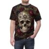 Intricate sugar skulls and dark roses adorn this garment with an all-over print that seamlessly wraps the gothic floral imagery across every inch of fabric.