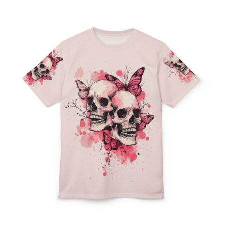 Pink and black butterflies and skulls cover this all over print apparel, with scattered red paint splatters and dark branches.