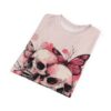 Pink butterflies and detailed skulls cover this all over print apparel, accented by scattered pink watercolor splatters and thin branches.