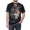 Black fabric features a realistic wolf's head against a vibrant galaxy background with colorful nebulae and stars.