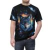 Black fabric features a cosmic scene with stars and nebulae, surrounding a detailed wolf head with striking heterochromia.