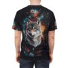 Colorful nebulae and stars cover this sublimation graphic tee, featuring a detailed wolf's head as the central focus.