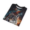 Vibrant cosmic nebula and starry patterns cover this all over print apparel, featuring a realistic wolf's head emerging from the celestial background.