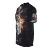 Cosmic nebulae in vibrant orange and blue hues, alongside countless stars, cover this all over print apparel, featuring a realistic wolf's head in the foreground.