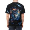 Stars, nebulae, and planets fill this all over print apparel, featuring a majestic wolf's head with heterochromia.
