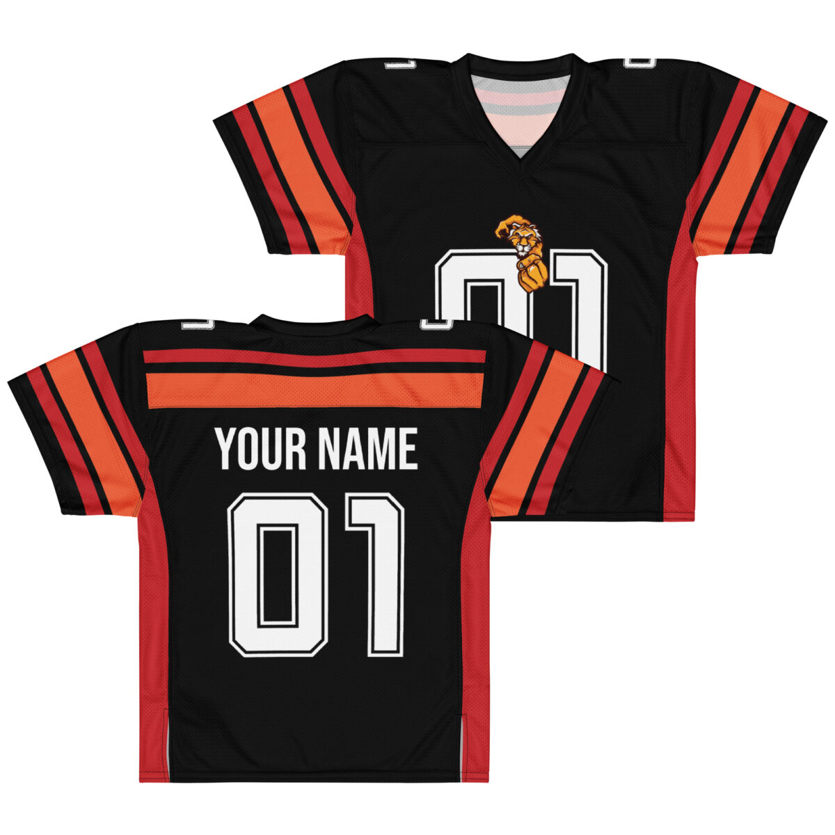 A black football jersey with orange and red stripes on the sleeves and red side panels. The front features a lion mascot logo and the number '01'. The back displays 'YOUR NAME' above the number '01'.