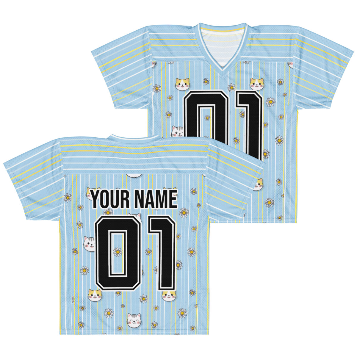 Front and back view of a light blue football jersey with white and yellow stripes, featuring cat faces and daisies. Customizable back.