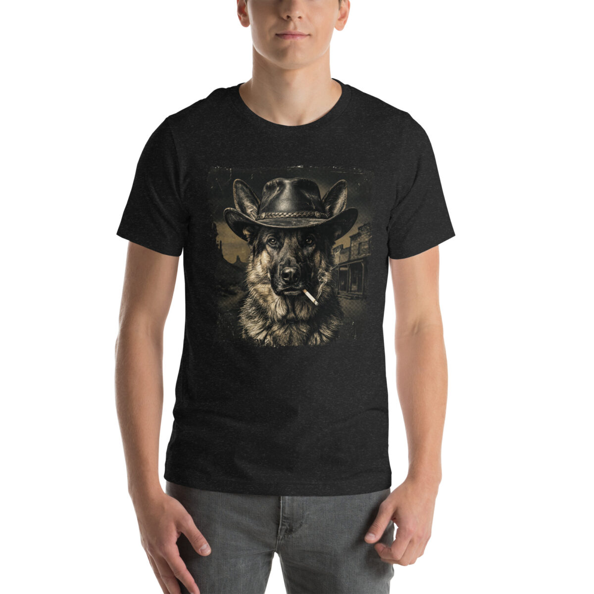 A man wearing a charcoal grey t-shirt featuring a graphic print of a German Shepherd dog wearing a cowboy hat.