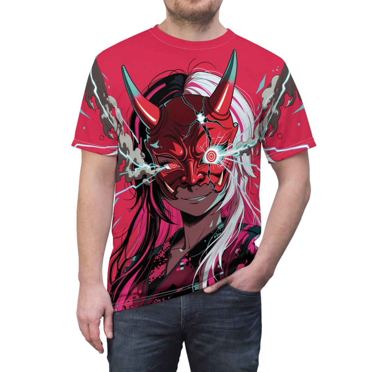 Demonic Oni Mask All Over Print Tee - Cyberpunk Anime Horror Shirt