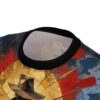 Abstract cowboy hat graphic, red paint splatters, blue background, geometric gold pattern, sublimation tee.