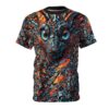 T-shirt featuring a vibrant, fragmented dragon face with large blue eyes, rendered in a mosaic of orange, blue, and gray geometric shapes.
