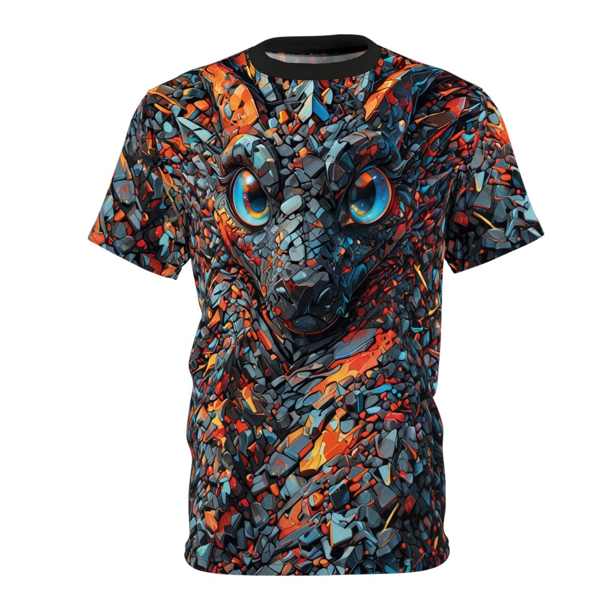 T-shirt featuring a vibrant, fragmented dragon face with large blue eyes, rendered in a mosaic of orange, blue, and gray geometric shapes.