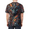 Back view of a man wearing an all-over print short-sleeve t-shirt with a mosaic dragon face design in orange and blue.