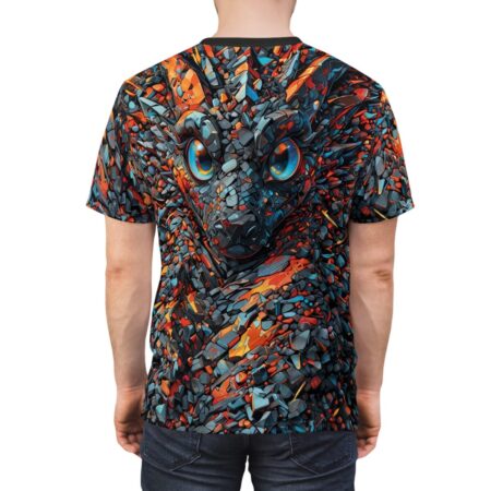 Back view of a man wearing an all-over print short-sleeve t-shirt with a mosaic dragon face design in orange and blue.