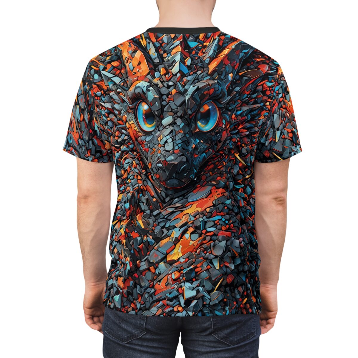 Back view of a man wearing an all-over print short-sleeve t-shirt with a mosaic dragon face design in orange and blue.