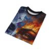 T-shirt featuring an abstract geometric print of two faces split down the middle, one with cool blue tones and the other with fiery orange and red tones.