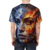 T-shirt with a striking abstract geometric design of a face split between cool ice tones and fiery orange.