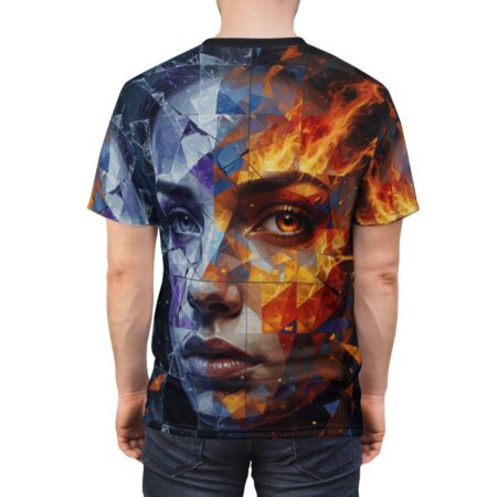 T-shirt with a striking abstract geometric design of a face split between cool ice tones and fiery orange.