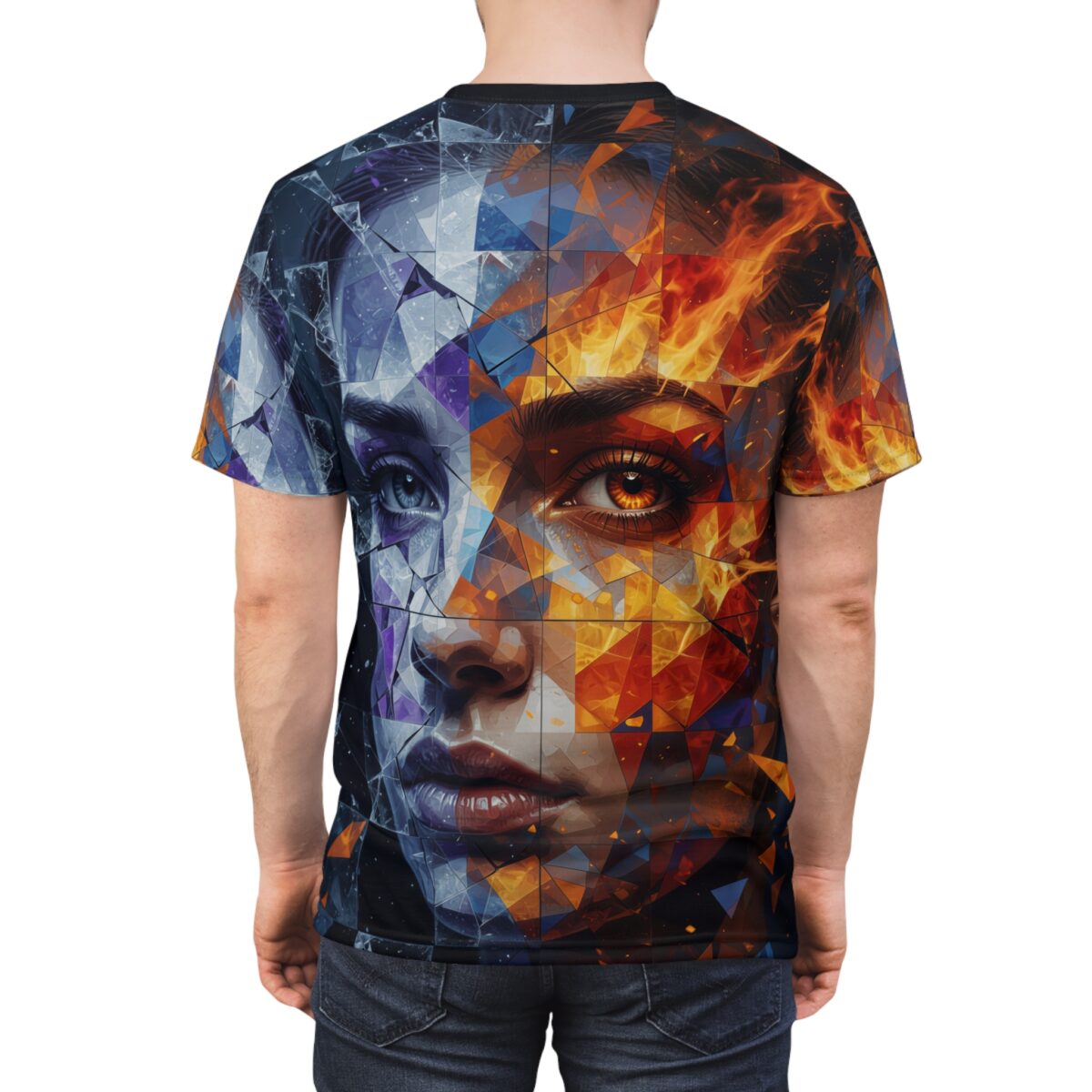 T-shirt with a striking abstract geometric design of a face split between cool ice tones and fiery orange.