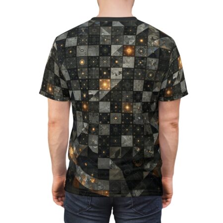 Man from behind wearing a short sleeve crewneck t-shirt featuring a dark grid pattern with glowing light accents.