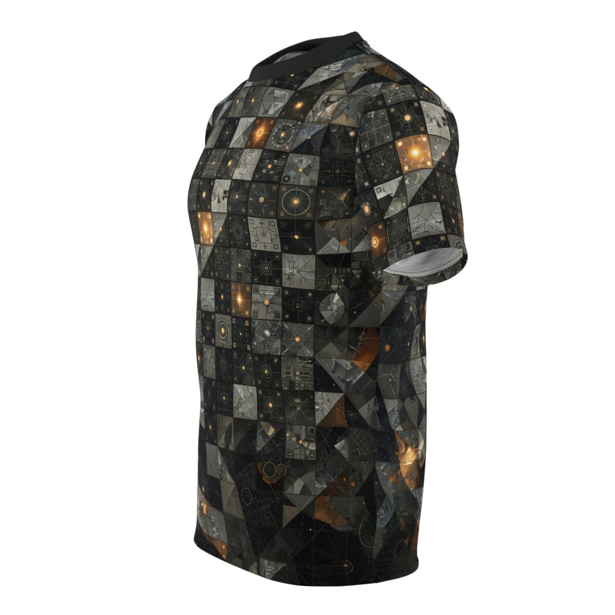 A short sleeve t-shirt featuring an all-over print of gray and black geometric squares with glowing orange light accents.