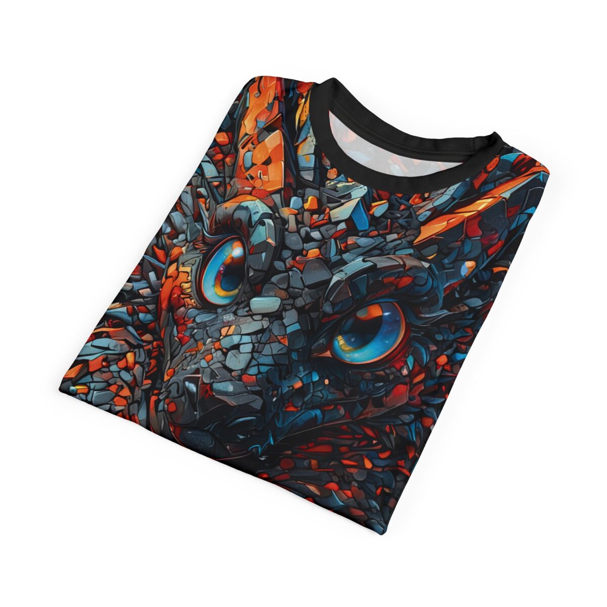 Folded t-shirt displaying a colorful mosaic art print of a cat face with bright blue eyes on a dark background.