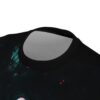 Abstract space all over print sublimation tee featuring cosmic nebula and red splatter graphics.