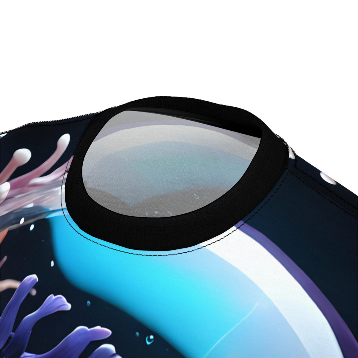 Close-up of a t-shirt neckline showing a black ribbed collar. The fabric features a vibrant, abstract print with pink coral, purple tentacles, blue water, and white bubbles.