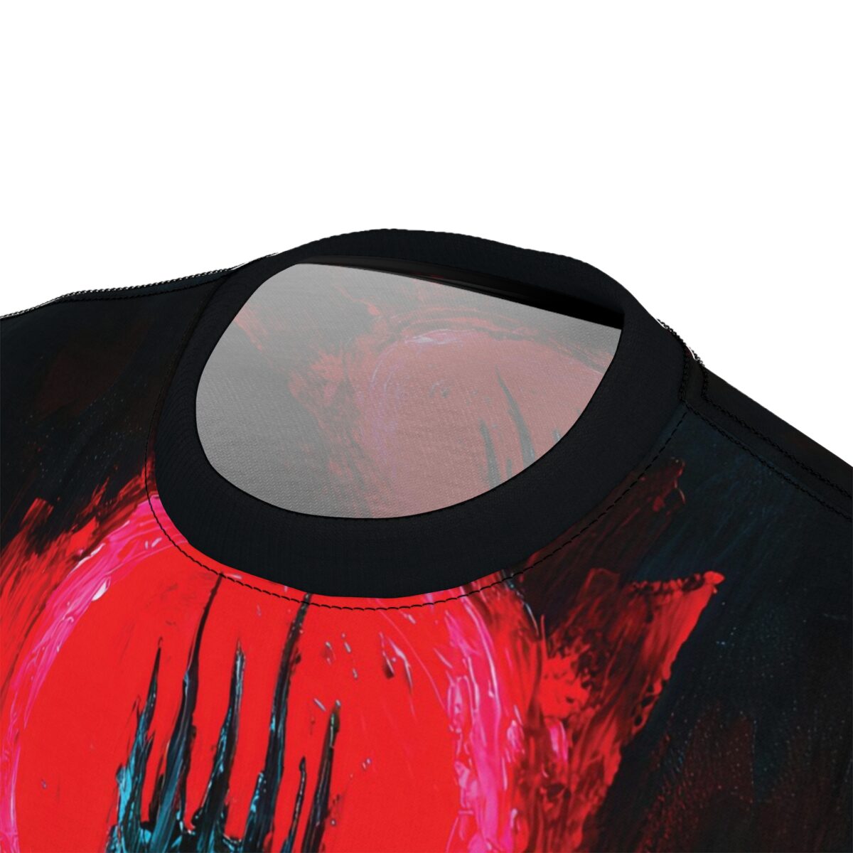 All over print sublimation tee with a vibrant red abstract design, featuring black accents and a grunge aesthetic.