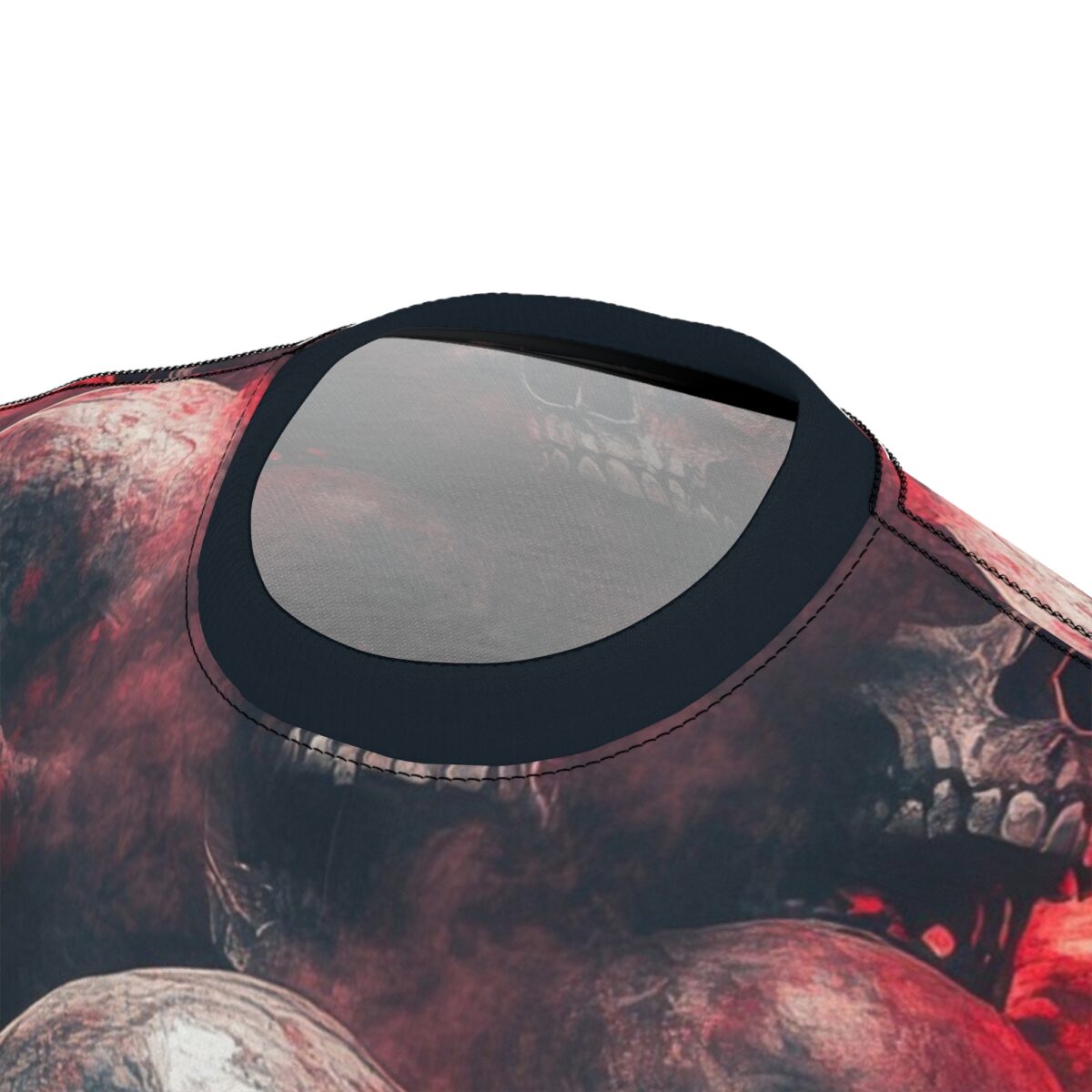 Red and black all over print skull t-shirt, featuring detailed skulls and smoke graphic, seamless print sublimation tee.