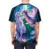 Anime fairy with unicorn in magical forest, all over print sublimation tee featuring enchanting mushrooms and glowing elements.