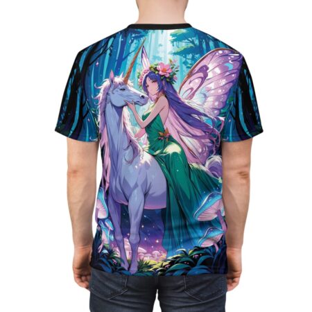 Anime fairy with unicorn in magical forest, all over print sublimation tee featuring enchanting mushrooms and glowing elements.