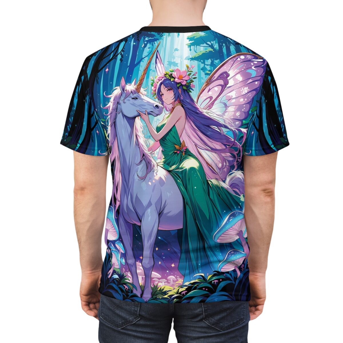 Anime fairy with unicorn in magical forest, all over print sublimation tee featuring enchanting mushrooms and glowing elements.