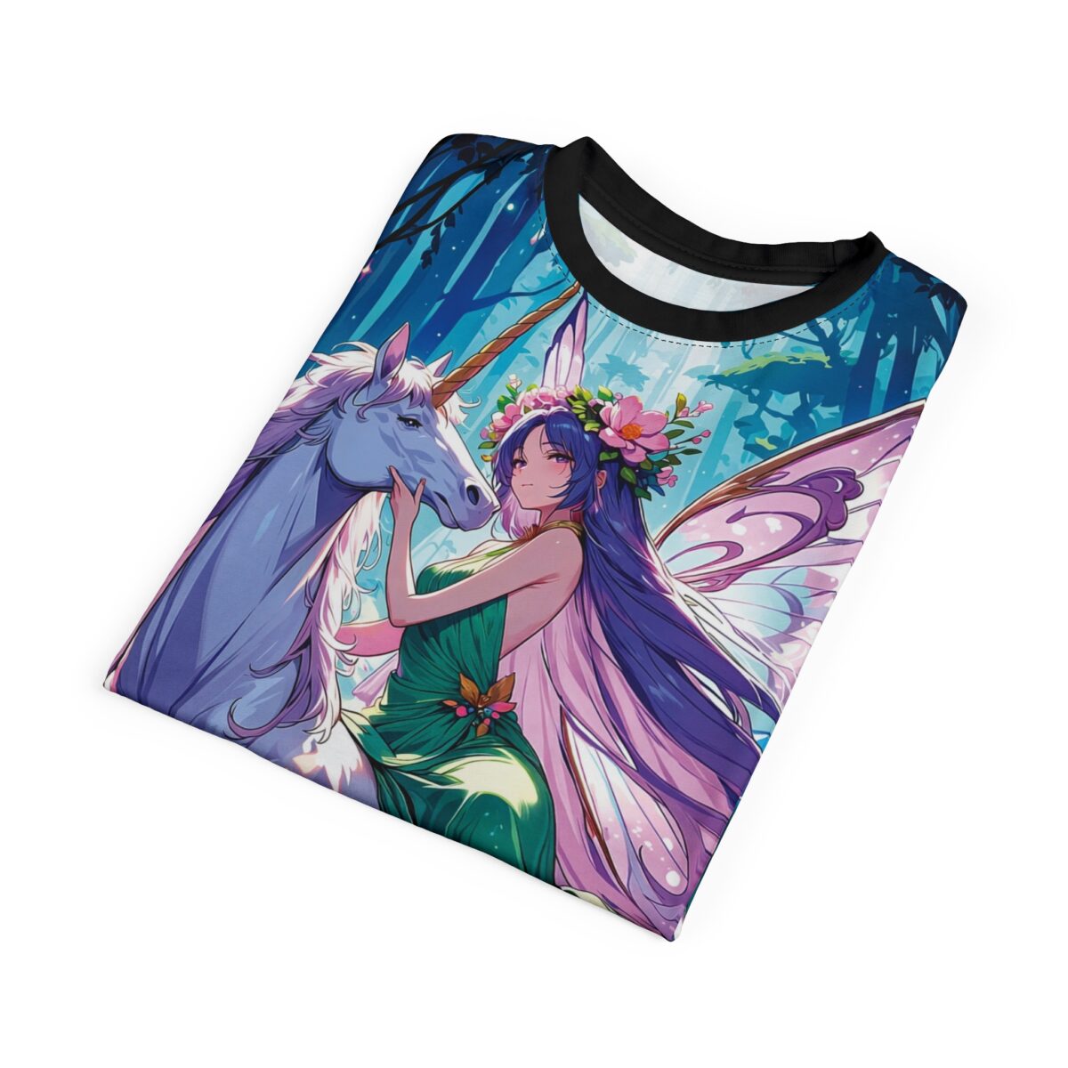 Fairy and unicorn forest scene, all over print sublimation tee featuring a magical woodland graphic with blue trees and soft lighting.