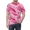 All over print sublimation tee featuring a repeating pattern of raw bacon strips, perfect for food lovers.