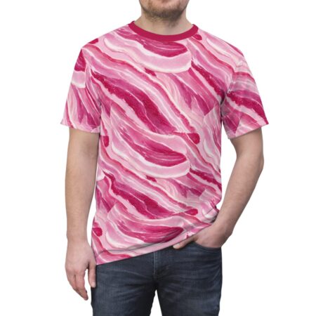 All over print sublimation tee featuring a repeating pattern of raw bacon strips, perfect for food lovers.