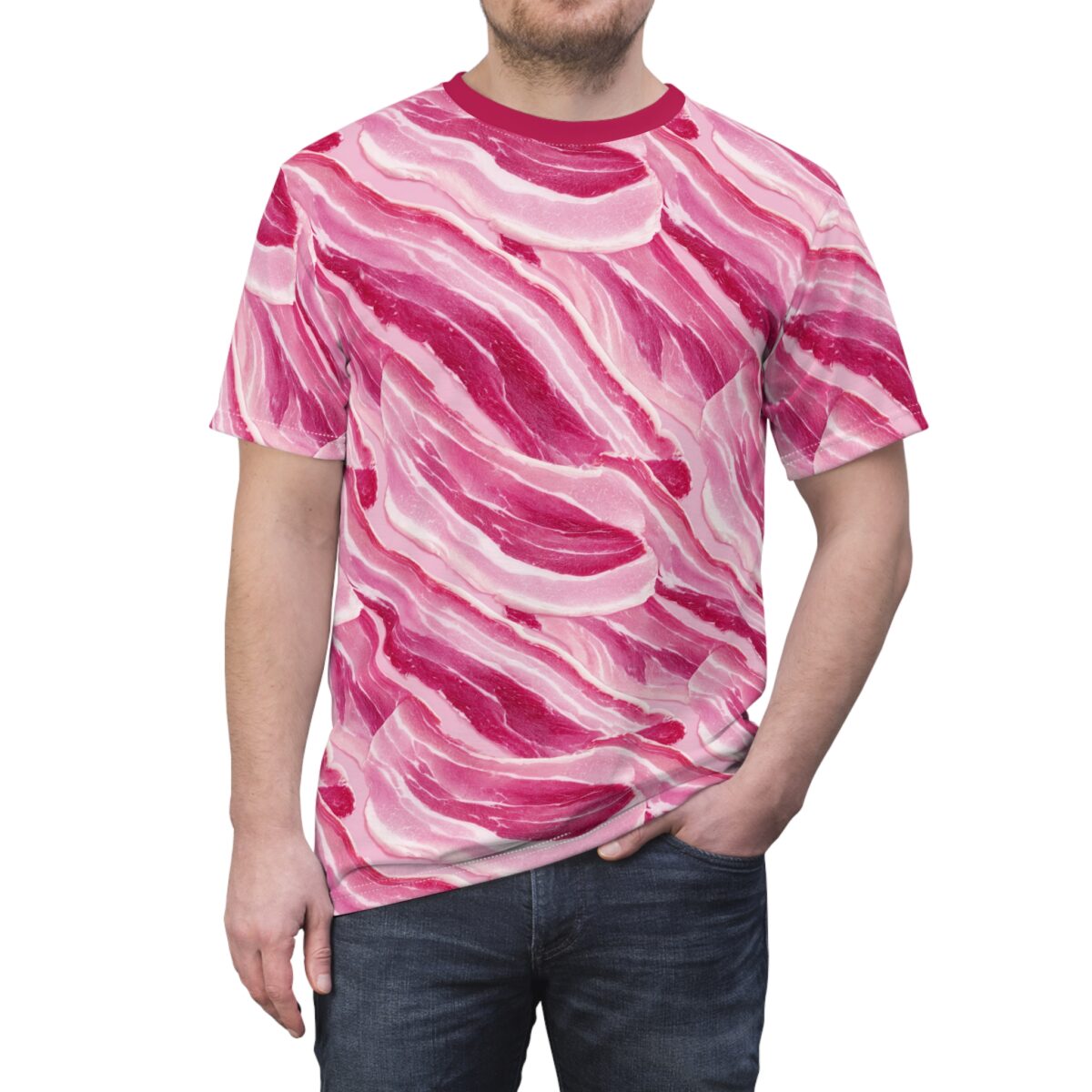 All over print sublimation tee featuring a repeating pattern of raw bacon strips, perfect for food lovers.